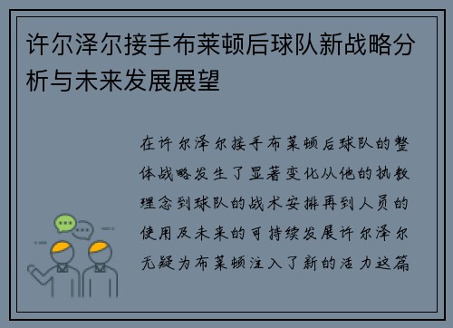 许尔泽尔接手布莱顿后球队新战略分析与未来发展展望