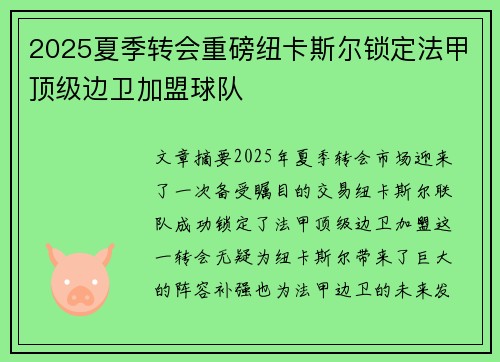 2025夏季转会重磅纽卡斯尔锁定法甲顶级边卫加盟球队