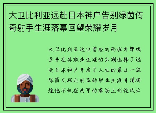 大卫比利亚远赴日本神户告别绿茵传奇射手生涯落幕回望荣耀岁月
