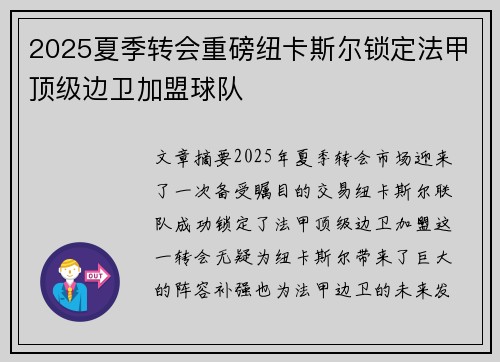 2025夏季转会重磅纽卡斯尔锁定法甲顶级边卫加盟球队